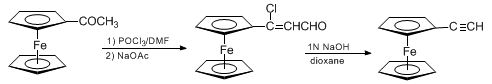 Reaction equation for CONVERSION OF METHYL KETONES INTO TERMINAL ACETYLENES: ETHYNYLFERROCENE (Ferrocene, ethynyl)