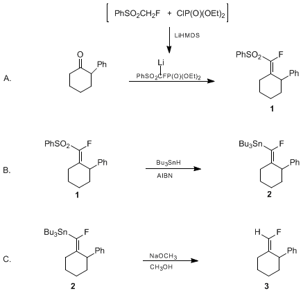 Reaction equation for STEREOSELECTIVE SYNTHESIS OF 2,2-DISUBSTITUTED 1-FLUORO-ALKENES: (E)-[[FLUORO(2-PHENYLCYCLOHEXYLIDENE)-METHYL]SULFONYL]BENZENE AND (Z)-[2-(FLUOROMETHYLENE)-CYCLOHEXYL]BENZENE (Benzene, [fluoro(2-phenylcyclohexylidene)methyl]sulfonyl]-, (E)-(±)- and Benzene, [2-(fluoromethylene)cyclohexyl]-, (Z)-(±)-)
