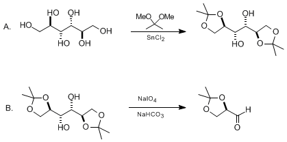 Reaction equation for D-(R)-GLYCERALDEHYDE ACETONIDE (1,3-Dioxolane-4-carboxaldehyde, 2,2-dimethyl-, (R)-)