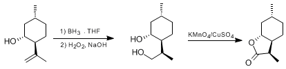 Reaction equation for A SELECTIVE, HETEROGENEOUS OXIDATION USING A MIXTURE OF POTASSIUM PERMANGANATE AND CUPRIC SULFATE: (3aS,7aR)-HEXAHYDRO-(3S,6R)-DIMETHYL-2(3H)-BENZOFURANONE (2(3H)-Benzofuranone, hexahydro-3,6-dimethyl-, [3R-(3α,3aβ,6β,7aα)]-)