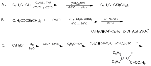 Reaction equation for ALKYNYL(PHENYL)IODONIUM TOSYLATES: PREPARATION AND STEREOSPECIFIC COUPLING WITH VINYLCOPPER REAGENTS. FORMATION OF CONJUGATED ENYNES. 1-HEXYNYL(PHENYL)IODONIUM TOSYLATE AND (E)-5-PHENYLDODEC-5-EN-7-YNE (Iodine, 1-hexynyl(4-methylbenzenesulfonato-O)phenyl- and Benzene, (1-butyl-1-octen-3-ynyl)-, (E)-)
