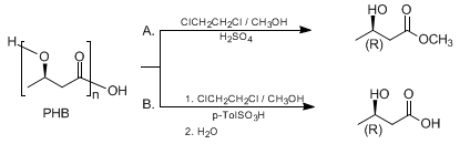 Reaction equation for DIRECT DEGRADATION OF THE BIOPOLYMER POLY[(R)-3-HYDROXYBUTYRIC ACID] TO (R)-3-HYDROXYBUTANOIC ACID AND ITS METHYL ESTER (Butanoic acid, 3-hydroxy-, (R)-, homopolymer to Butanoic acid, 3-hydroxy-, (R)- and Butanoic acid, 3-hydroxy-, methyl ester, (R)-)