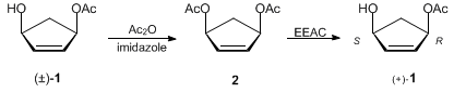 Reaction equation for ENANTIOSELECTIVE HYDROLYSIS OF cis-3,5-DIACETOXYCYCLOPENTENE: (1R,4S)-(+)-4-HYDROXY-2-CYCLOPENTENYL ACETATE (4-Cyclopentene-1,3-diol, monoacetate, (1R-cis)-)