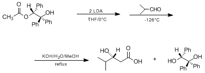 Reaction equation for STEREOSELECTIVE ALDOL REACTION OF DOUBLY DEPROTONATED (R)-(+)-2-HYDROXY-1,2,2-TRIPHENYLETHYL ACETATE (HYTRA): (R)-3-HYDROXY-4-METHYLPENTANOIC ACID (Pentanoic acid, 3-hydroxy-4-methyl-, (R)-)