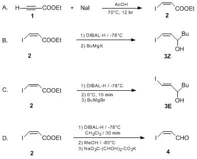 Reaction equation for A SIMPLE AND CONVENIENT METHOD FOR THE PREPARATION OF (Z)-β-IODOACROLEIN AND OF (Z)- OR (E)-γ-IODO ALLYLIC ALCOHOLS: (Z)- AND (E)-1-IODOHEPT-1-EN-3-OL (2-Propenal, 3-iodo-, (Z)- and 1-Hepten-3-ol, 1-iodo-, (Z)- and (E)-)