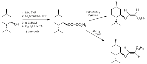 Reaction equation for ACETYLENIC ETHERS FROM ALCOHOLS AND THEIR REDUCTION TO Z- AND E-ENOL ETHERS: PREPARATION OF 1-MENTHOXY-1-BUTYNE FROM MENTHOL AND CONVERSION TO (Z)- AND (E)-1-MENTHOXY-1-BUTENE ([Cyclohexane, 2-(1-butynyloxy)-4-methyl-1-(1-methylethyl)-[1S-(1α,2β,4β)]-], and [[[Cyclohexane, 2-(1-butenyloxy)-4-methyl-1-(1-methylethyl)-, [1S-[1α,2β(Z),4β]]- and [1S-[1α,2β(E),4β]]-)