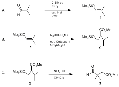 Reaction equation for METHOXYCARBONYLMETHYLATION OF ALDEHYDES VIA SILOXYCYCLOPROPANES: METHYL 3,3-DIMETHYL-4-OXOBUTANOATE (Butanoic acid, 3,3-dimethyl-4-oxo-, methyl ester)