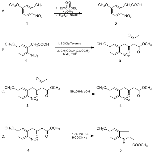 Reaction equation for INDOLE-2-ACETIC ACID METHYL ESTERS: METHYL 5-METHOXYINDOLE-2-ACETATE (1H-Indole-2-acetic acid, 5-methoxy-, methyl ester)