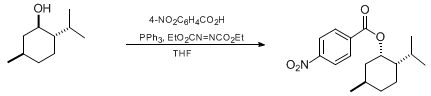 Reaction equation for A GENERAL PROCEDURE FOR MITSUNOBU INVERSION OF STERICALLY HINDERED ALCOHOLS: INVERSION OF MENTHOL. (1S,2S,5R)-5-METHYL-2-(1-METHYLETHYL)CYCLOHEXYL 4-NITROBENZOATE (Cyclohexanol, 5-methyl-2-(1-methylethyl)-, 4-nitrobenzoate, [1S-(1α,2α,5β)]-)