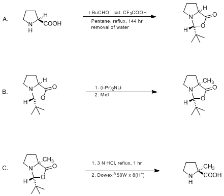 Reaction equation for SYNTHESIS OF (S)-2-METHYLPROLINE: A GENERAL METHOD FOR THE PREPARATION OF α-BRANCHED AMINO ACIDS (L-Proline, 2-methyl-)
