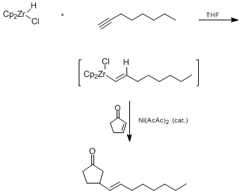 Reaction equation for CONJUGATE ADDITION OF A VINYLZIRCONIUM REAGENT: 3-(1-OCTEN-1-YL)CYCLOPENTANONE (Cyclopentanone, 3-(1-octenyl)-, (E)-)
