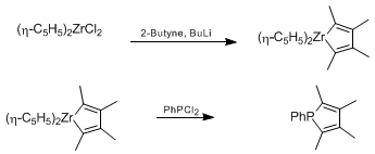 Reaction equation for 1-PHENYL-2,3,4,5-TETRAMETHYLPHOSPHOLE (1H-Phosphole, 2,3,4,5-tetramethyl-1-phenyl-)