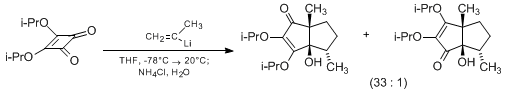 Reaction equation for PREPARATION OF POLYQUINANES BY DOUBLE ADDITION OF VINYL ANIONS TO SQUARATE ESTERS: 4,5,6,6a-TETRAHYDRO-3a-HYDROXY-2,3-DIISOPROPOXY-4,6a-DIMETHYL-1(3aH)-PENTALENONE