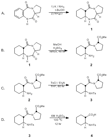 Reaction equation for ASYMMETRIC SYNTHESIS OF trans-2-AMINOCYCLOHEXANECARBOXYLIC ACID DERIVATIVES FROM PYRROLOBENZODIAZEPINE-5,11-DIONES: (1S,2S)-2-(N-TOSYLAMINO)CYCLOHEXANECARBOXYLIC ACID