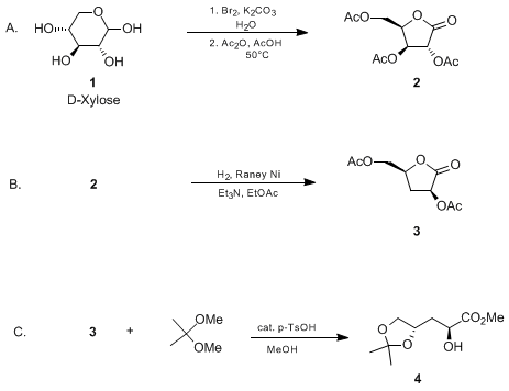 Reaction equation for (2S,4S)-2,4,5-TRIHYDROXYPENTANOIC ACID 4,5-ACETONIDE METHYL ESTER (D-erythro-Pentonic acid, 3-deoxy-4,5-O-(1-methylethylidene)-, methyl ester)