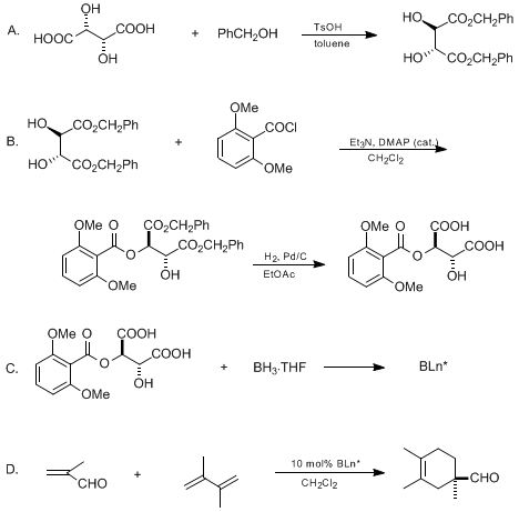 Reaction equation for CHIRAL (ACYLOXY)BORANE COMPLEX-CATALYZED ASYMMETRIC DIELS-ALDER REACTION: (1R)-1,3,4-TRIMETHYL-3-CYCLOHEXENE-1-CARBOXALDEHYDE (3-Cyclohexene-1-carboxaldehyde, 1,3,4-trimethyl-, (−)-)