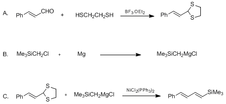 Reaction equation for NICKEL-CATALYZED SILYLOLEFINATION OF ALLYLIC DITHIOACETALS: (E,E)-TRIMETHYL(4-PHENYL-1,3-BUTADIENYL)SILANE (Silane, trimethyl (4-phenyl-1,3-butadienyl)-, (E,E)-)