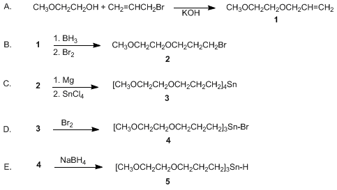 Reaction equation for A WATER-SOLUBLE TIN HYDRIDE: TRIS[3-(2-METHOXYETHOXY)PROPYL]STANNANE (2,5,13,16-Tetraoxa-9-stannaheptadecane, 9-[3-(2-methoxyethoxy)propyl]-)