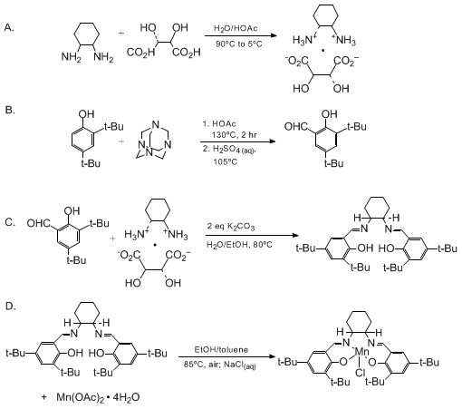 Reaction equation for (R,R)-N,N'-BIS(3,5-DI-tert-BUTYLSALICYLIDENE)-1,2-CYCLOHEXANEDIAMINO MANGANESE(III) CHLORIDE, A HIGHLY ENANTIOSELECTIVE EPOXIDATION CATALYST (Manganese, chloro[[2,2'-[1,2-cyclohexanediylbis(nitrilomethylidyne)]-bis[4,6-bis(1,1-dimethylethyl)phenalato]](2-)-N,N',O,O']-, [SP-5-13-(1R-trans-]-)