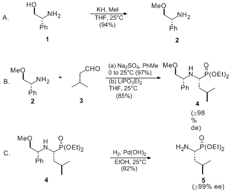 Reaction equation for ASYMMETRIC SYNTHESIS OF DIETHYL (R)-(−)-(1-AMINO-3-METHYLBUTYL)PHOSPHONATE (Phosphonic acid, (1-amino-3-methylbutyl)-, diethyl ester, (R)-)