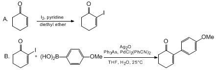 Reaction equation for 2-(4-METHOXYPHENYL)-2-CYCLOHEXEN-1-ONE: PREPARATION OF 2-IODO-2-CYCLOHEXEN-1-ONE AND SUZUKI COUPLING WITH 4-METHOXYPHENYLBORONIC ACID (2-Cyclohexen-1-one, 2-(4-methoxyphenyl)- and 2-Cyclohexen-1-one, 2-iodo-))