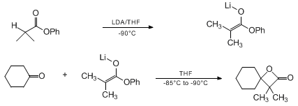 Reaction equation for SYNTHESIS OF β-LACTONES BY ALDOLIZATION OF KETONES WITH PHENYL ESTER ENOLATES: 3,3-DIMETHYL-1-OXASPIRO[3.5]NONAN-2-ONE (1-Oxaspiro[3.5]nonan-2-one, 3,3-dimethyl-)