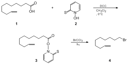 Reaction equation for EFFICIENT SYNTHESIS OF BROMIDES FROM CARBOXYLIC ACIDS CONTAINING A SENSITIVE FUNCTIONAL GROUP: DEC-9-ENYL BROMIDE FROM 10-UNDECENOIC ACID (1-Decene, 10-bromo-)