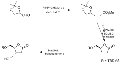 Reaction equation for PHOTOINDUCED-ADDITION OF METHANOL TO (5S)-(5-O-tert-BUTYLDIMETHYLSILOXYMETHYL)FURAN-2(5H)-ONE: (4R,5S)-4-HYDROXYMETHYL-(5-O-tert-BUTYLDIMETHYLSILOXYMETHYL)FURAN-2(5H)-ONE (2(5H)-Furanone, 5-[[[(1,1-dimethylethyl)dimethylsilyl]oxy]methyl]-, (S)- and D-erythro-Pentonic acid, 2,3-dideoxy-5-O-[(1,1-dimethylethyl)dimethylsilyl]-3-(hydroxymethyl)-, γ-lactone)
