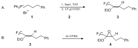 Reaction equation for WITTIG OLEFINATION OF PERFLUOROALKYL CARBOXYLIC ESTERS; SYNTHESIS OF 1,1,1-TRIFLUORO-2-ETHOXY-5-PHENYLPENT-2-ENE AND 1-PERFLUOROALKYL EPOXY ETHERS: 1,1,1-TRIFLUORO-2-ETHOXY-2,3-EPOXY-5-PHENYLPENTANE ((Benzene, (4-ethoxy-5,5,5-trifluoro-3-pentenyl)-, (Z)- and Oxirane, 2-ethoxy-3-(2-phenylethyl)-2-(trifluoromethyl)-, cis-(±)-))