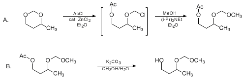 Reaction equation for SELECTIVE PROTECTION OF 1,3-DIOLS AT THE MORE HINDERED HYDROXY GROUP: 3-(METHOXYMETHOXY)-1-BUTANOL (1-Butanol, 3-(methoxymethoxy)-)