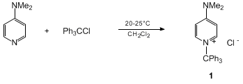 Reaction equation for 4-DIMETHYLAMINO-N-TRIPHENYLMETHYLPYRIDINIUM CHLORIDE (Pyridinium, 4-(dimethylamino)-1-(triphenylmethyl)-, chloride)