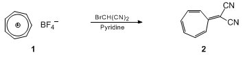 Reaction equation for SYNTHESIS OF 8,8-DICYANOHEPTAFULVENE FROM CYCLOHEPTATRIENYLIUM TETRAFLUOROBORATE AND BROMOMALONONITRILE (Propanedinitrile, 2,4,6-cycloheptatrien-1-ylidene-)