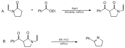 Reaction equation for N-VINYLPYRROLIDIN-2-ONE AS A 3-AMINOPROPYL CARBANION EQUIVALENT IN THE SYNTHESIS OF SUBSTITUTED 1-PYRROLINES: 2-PHENYL-1-PYRROLINE (2H-Pyrrole, 3,4-dihydro-5-phenyl-)