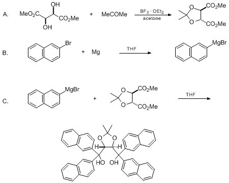 Reaction equation for (4R,5R)-2,2-DIMETHYL-α,α,α',α'-TETRA(NAPHTH-2-YL)-1,3-DIOXOLANE-4,5-DIMETHANOL FROM DIMETHYL TARTRATE AND 2-NAPHTHYL-MAGNESIUM BROMIDE (1,3-Dioxolane-4,5-dimethanol, 2,2-dimethyl-α,α,α',α'-tetra-2-naphthalenyl-, (4R-trans)-)