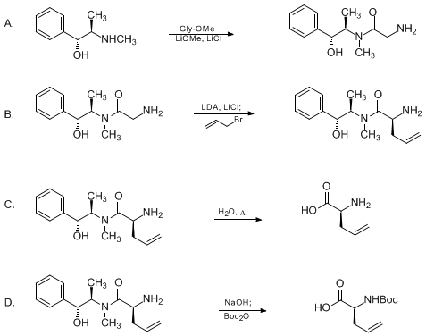 Reaction equation for ASYMMETRIC SYNTHESIS OF α-AMINO ACIDS BY THE ALKYLATION OF PSEUDOEPHEDRINE GLYCINAMIDE: L-ALLYLGLYCINE AND N-BOC-L-ALLYLGLYCINE (Acetamide, 2-amino-N-(2-hydroxy-1-methyl-2-phenylethyl)-N-methyl-, [R-(R,R)]-, 4-Pentenoic acid, 2-amino-, (R)- and 4-Pentenoic acid, 2-[[(1,1-dimethylethoxy)carbonyl]amino]-, (R)-))