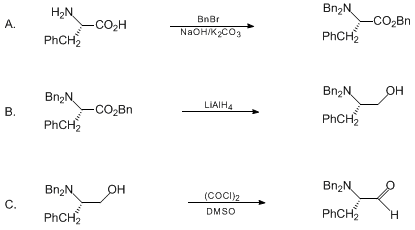 Reaction equation for PREPARATION OF ENANTIOMERICALLY PURE α-N,N-DIBENZYLAMINO ALDEHYDES: S-2-(N,N-DIBENZYLAMINO)-3-PHENYLPROPANAL (Benzenepropanal, α-[bis(phenylmethyl)amino]-, (S)-)
