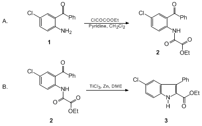 Reaction equation for ETHYL 5-CHLORO-3-PHENYLINDOLE-2-CARBOXYLATE (1H-Indole-2-carboxylic acid, 5-chloro-3-phenyl-, ethyl ester)