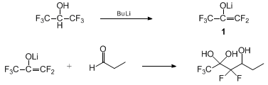 Reaction equation for GENERATION AND USE OF LITHIUM PENTAFLUOROPROPEN-2-OLATE: 4-HYDROXY-1,1,1,3,3-PENTAFLUORO-2-HEXANONE HYDRATE (2,2,4-Hexanetriol, 1,1,1,3,3-pentafluoro- from 1-Propen-2-ol, 1,1,3,3,3-pentafluoro-, lithium salt)