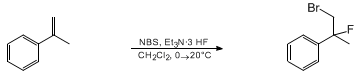 Reaction equation for BROMOFLUORINATION OF ALKENES: 1-BROMO-2-FLUORO-2-PHENYLPROPANE (Benzene, (2-bromo-1-fluoro-1-methylethyl)