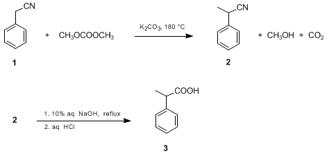 Reaction equation for MONO-C-METHYLATION OF ARYLACETONITRILES AND METHYL ARYLACETATES BY DIMETHYL CARBONATE: A GENERAL METHOD FOR THE SYNTHESIS OF PURE 2-ARYLPROPIONIC ACIDS. 2-PHENYLPROPIONIC ACID (Benzeneacetic acid, α-methyl-)