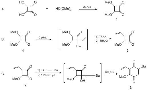 Reaction equation for DIMETHYL SQUARATE AND ITS CONVERSION TO 3-ETHENYL-4-METHOXYCYCLOBUTENE-1,2-DIONE AND 2-BUTYL-6-ETHENYL-5-METHOXY-1,4-BENZOQUINONE (3-Cyclobutene-1,2-dione, 3-ethenyl-4-methoxy- and 2,5-cyclohexadiene-1,4-dione, 5-butyl-3-ethenyl-2-methoxy- from 3-cyclobutene-1,2-dione, 3,4-dimethoxy-)