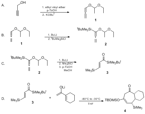 Reaction equation for [3 + 4] ANNULATION USING A [β-(TRIMETHYLSILYL)ACRYLOYL]SILANE AND THE LITHIUM ENOLATE OF AN α,β-UNSATURATED METHYL KETONE: (1R,6S,7S)-4-(tert-BUTYLDIMETHYLSILOXY)-6-(TRIMETHYLSILYL)BICYCLO[5.4.0]UNDEC-4-EN-2-ONE