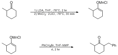 Reaction equation for REGIOSELECTIVE MONOALKYLATION OF KETONES VIA THEIR MANGANESE ENOLATES: 2-BENZYL-6-METHYLCYCLOHEXANONE FROM 2-METHYLCYCLOHEXANONE (Cyclohexanone, 2-methyl-6-(phenylmethyl)-)