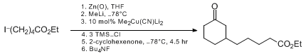 Reaction equation for COPPER-CATALYZED CONJUGATE ADDITION OF FUNCTIONALIZED ORGANOZINC REAGENTS TO α,β-UNSATURATED KETONES: ETHYL 5-(3-OXOCYCLOHEXYL)PENTANOATE (Pentanoic acid, 5-(3-oxocyclohexyl)-, ethyl ester)