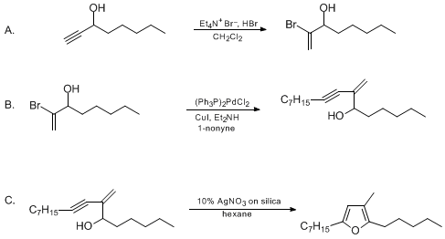 Reaction equation for ISOMERIZATION OF β-ALKYNYL ALLYLIC ALCOHOLS TO FURANS CATALYZED BY SILVER NITRATE ON SILICA GEL: 2-PENTYL-3-METHYL-5-HEPTYLFURAN (Furan, 5-heptyl-3-methyl-2-pentyl-)
