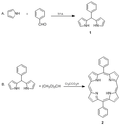 Reaction equation for 5-PHENYLDIPYRROMETHANE AND 5,15-DIPHENYLPORPHYRIN