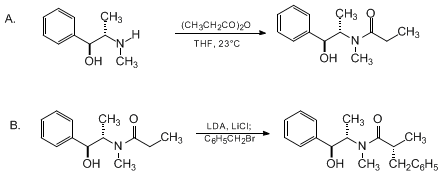 Reaction equation for SYNTHESIS AND DIASTEREOSELECTIVE ALKYLATION OF PSEUDOEPHEDRINE AMIDES