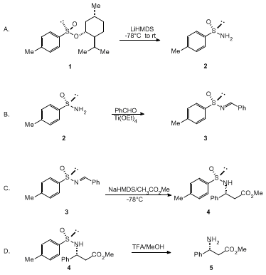 Reaction equation for SULFINIMINES (THIOOXIMINE S-OXIDES): ASYMMETRIC SYNTHESIS OF METHYL (R)-(+)-β-PHENYLALANATE FROM (S)-(+)-N-(BENZYLIDENE)-p-TOLUENESULFINAMIDE (Benzenepropanoic acid, β-amino-, (R)-, methyl ester from Benzenesulfinamide, 4-methyl-N-(phenylmethylene)- [S-(E)]-)