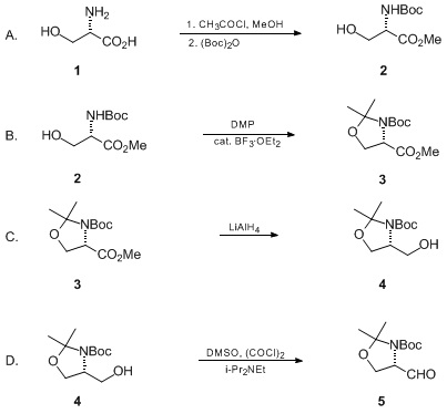 Reaction equation for SYNTHESIS OF 1,1-DIMETHYLETHYL (S)-4-FORMYL-2,2-DIMETHYL-3-OXAZOLIDINECARBOXYLATE BY OXIDATION OF THE ALCOHOL (3-Oxazolidinecarboxylic acid, 4-formyl-2,2-dimethyl-, 1,1-dimethylethyl ester, (S)-)