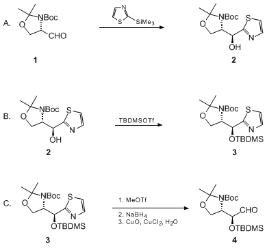 Reaction equation for DIASTEREOSELECTIVE SYNTHESIS OF PROTECTED VICINAL AMINO ALCOHOLS: (S)-2-[(4S)-N-tert-BUTOXYCARBONYL-2,2-DIMETHYL-1,3-OXAZOLIDINYL]-2-tert-BUTYLDIMETHYLSILOXYETHANAL FROM A SERINE-DERIVED ALDEHYDE (3-Oxazolidinecarboxylic acid, 4-[1-[[(1,1-dimethylethyl)dimethylsilyl]oxy]-2-oxoethyl]-2,2-dimethyl-, 1,1-dimethylethyl ester, [S-(R*,R*)]-)